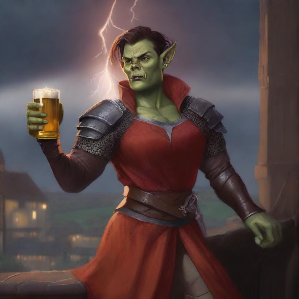 This digital art image depicts an androgynous half-orc, dressed in a medieval orange long-sleeve shirt and a red tunic