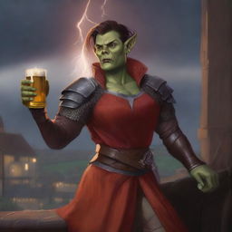 This digital art image depicts an androgynous half-orc, dressed in a medieval orange long-sleeve shirt and a red tunic