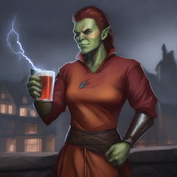 This digital art image depicts an androgynous half-orc, dressed in a medieval orange long-sleeve shirt and a red tunic