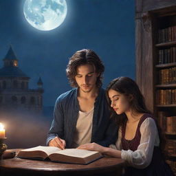 Enter a magical fantasy library where a 21-year-old man with short hair and a beautiful Turkish girl with long hair are engrossed in reading a book, under the mystic glow of the moon.