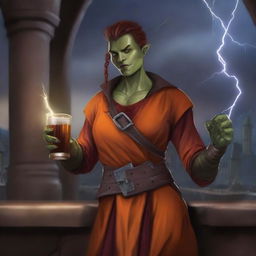 This digital art image depicts an androgynous half-orc, dressed in a medieval orange long-sleeve shirt and a red tunic