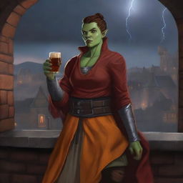 This digital art image depicts an androgynous half-orc, dressed in a medieval orange long-sleeve shirt and a red tunic