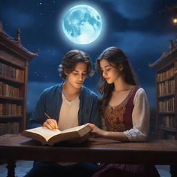 Enter a magical fantasy library where a 21-year-old man with short hair and a beautiful Turkish girl with long hair are engrossed in reading a book, under the mystic glow of the moon.