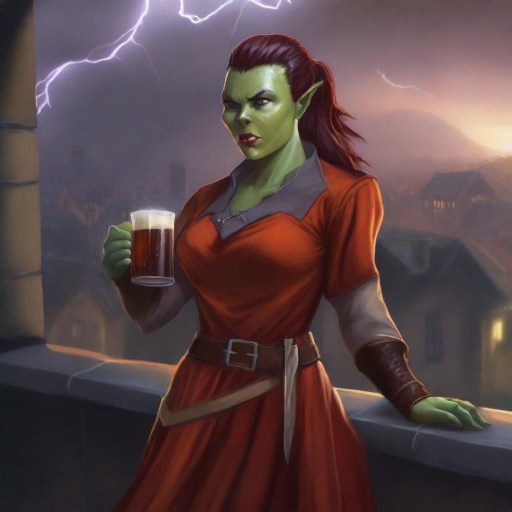 This candid digital art image captures an androgynous half-orc from a medieval city