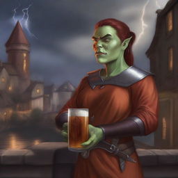 This candid digital art image captures an androgynous half-orc from a medieval city