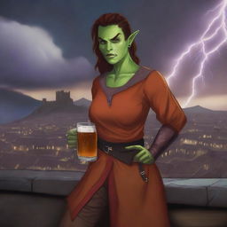 This candid digital art image captures an androgynous half-orc from a medieval city