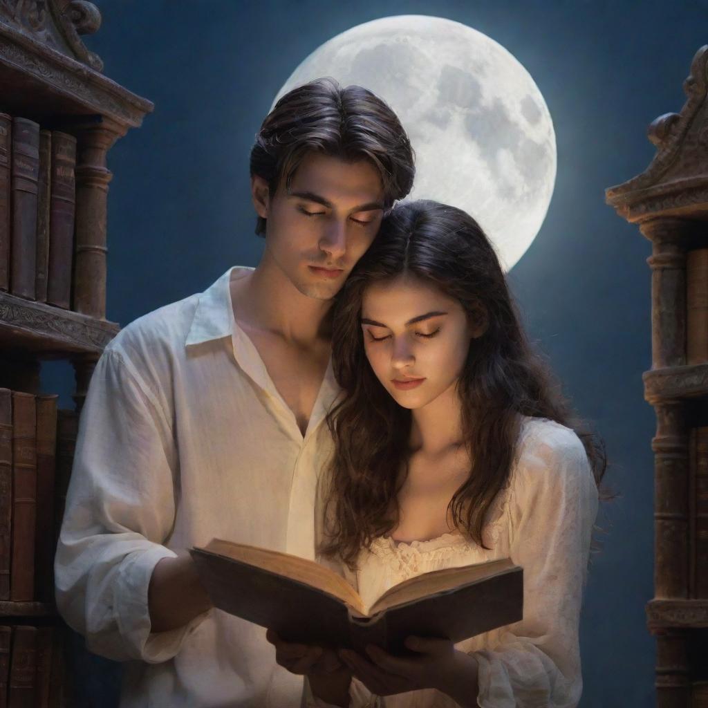 In a mystical fantasy library, a 21-year-old man with short hair and a long-haired Persian girl are completely engrossed in reading a book under the gentle illumination of the moon.