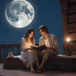 In a mystical fantasy library, a 21-year-old man with short hair and a long-haired Persian girl are completely engrossed in reading a book under the gentle illumination of the moon.