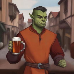 This candid digital art captures an androgynous, masculine half-orc from a medieval city