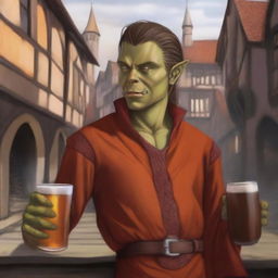 This candid digital art captures an androgynous, masculine half-orc from a medieval city