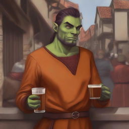 This candid digital art captures an androgynous, masculine half-orc from a medieval city