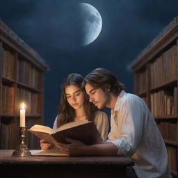 In a mystical fantasy library, a 21-year-old man with short hair and a long-haired Persian girl are completely engrossed in reading a book under the gentle illumination of the moon.