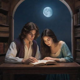 In a mystical fantasy library, a 21-year-old man with short hair and a long-haired Persian girl are completely engrossed in reading a book under the gentle illumination of the moon.