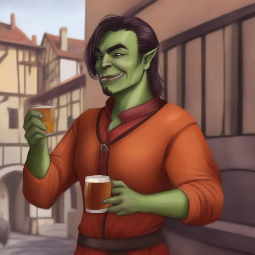 This candid digital art portrays a nonbinary half-orc from a medieval city