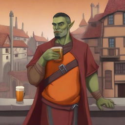 This candid digital art portrays a nonbinary half-orc from a medieval city