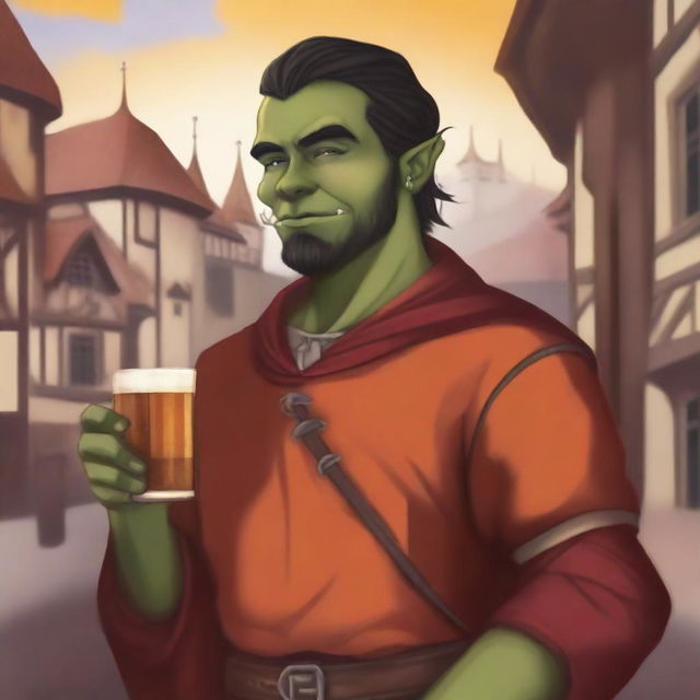 This candid digital art portrays a nonbinary half-orc from a medieval city