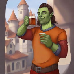 This candid digital art portrays a nonbinary half-orc from a medieval city