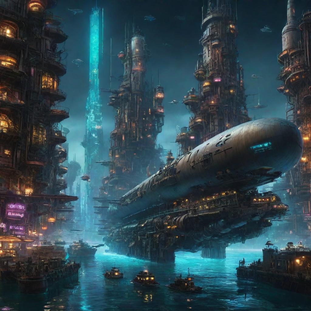 A contrasting array of cities; an enormous, sprawling futuristic cyberpunk city and a magnificent steampunk city, both submerged underwater. Colossal submarines explore, while fleets of airborne vehicles hover above, lit vividly with neon and warm brass-toned lights.