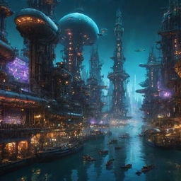 A contrasting array of cities; an enormous, sprawling futuristic cyberpunk city and a magnificent steampunk city, both submerged underwater. Colossal submarines explore, while fleets of airborne vehicles hover above, lit vividly with neon and warm brass-toned lights.