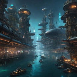 A contrasting array of cities; an enormous, sprawling futuristic cyberpunk city and a magnificent steampunk city, both submerged underwater. Colossal submarines explore, while fleets of airborne vehicles hover above, lit vividly with neon and warm brass-toned lights.