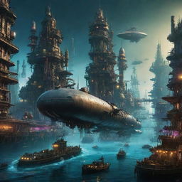 A contrasting array of cities; an enormous, sprawling futuristic cyberpunk city and a magnificent steampunk city, both submerged underwater. Colossal submarines explore, while fleets of airborne vehicles hover above, lit vividly with neon and warm brass-toned lights.