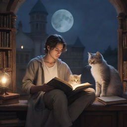 A fantasy library that hosts a 21-year-old man with short hair, a long-haired Persian girl, and a playful kitten, all engrossed in reading a book under the gentle shine of the moonlight.