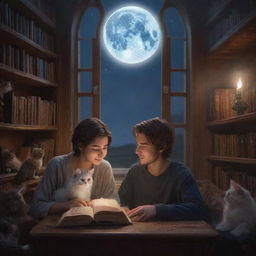 A fantasy library that hosts a 21-year-old man with short hair, a long-haired Persian girl, and a playful kitten, all engrossed in reading a book under the gentle shine of the moonlight.