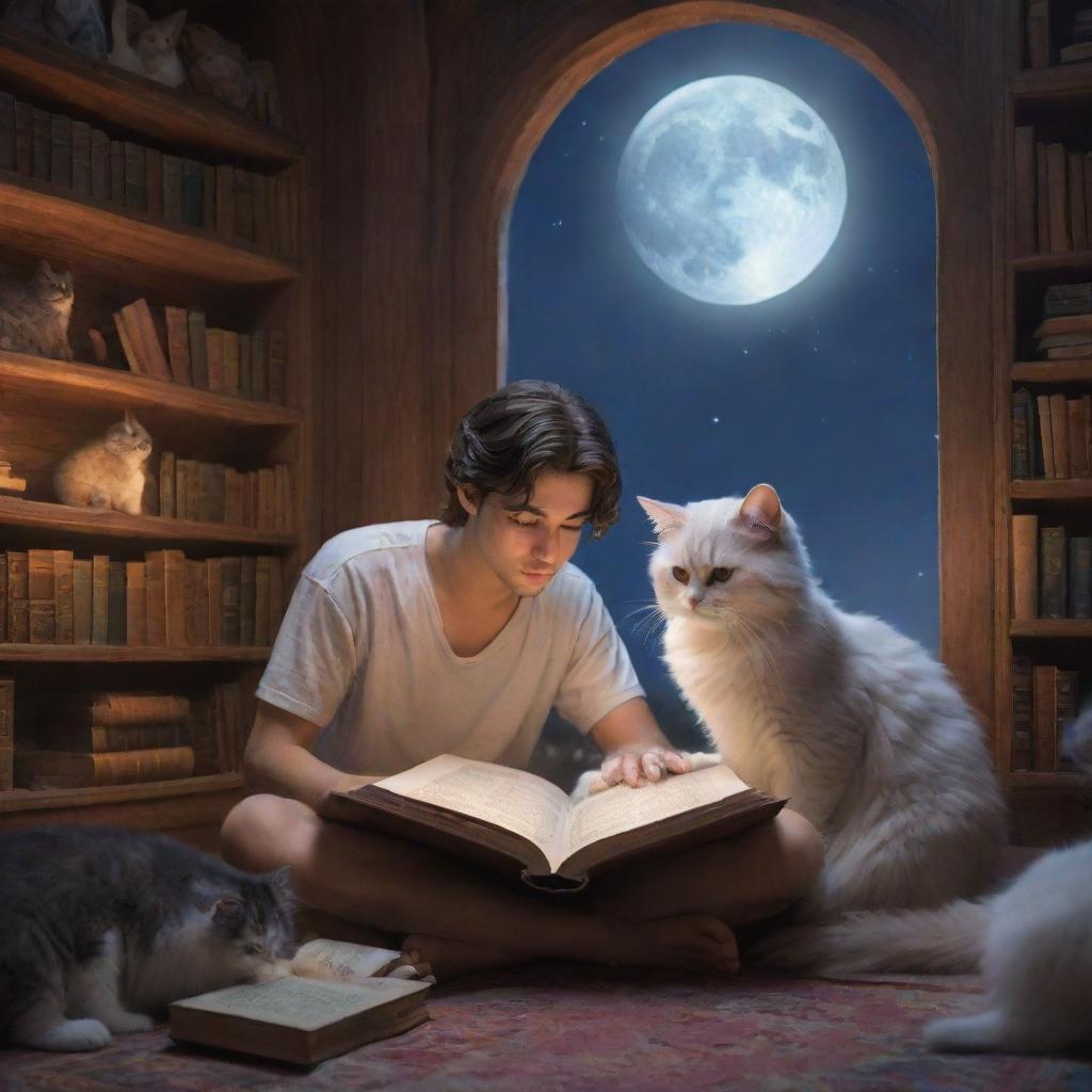 A fantasy library that hosts a 21-year-old man with short hair, a long-haired Persian girl, and a playful kitten, all engrossed in reading a book under the gentle shine of the moonlight.