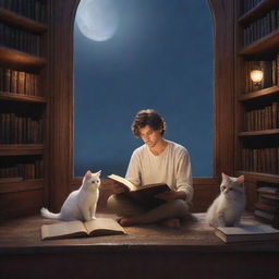 A fantasy library that hosts a 21-year-old man with short hair, a long-haired Persian girl, and a playful kitten, all engrossed in reading a book under the gentle shine of the moonlight.