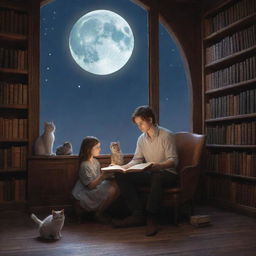 A whimsical fantasy library. Inside, a 21-year-old man with short hair and a long-haired girl, accompanied by a kitten, engrossed in reading a book under the tranquil glow of the moon.