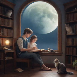 A whimsical fantasy library. Inside, a 21-year-old man with short hair and a long-haired girl, accompanied by a kitten, engrossed in reading a book under the tranquil glow of the moon.