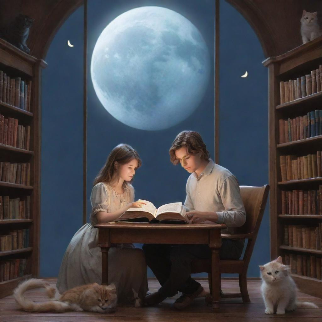 A whimsical fantasy library. Inside, a 21-year-old man with short hair and a long-haired girl, accompanied by a kitten, engrossed in reading a book under the tranquil glow of the moon.