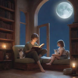 A whimsical fantasy library. Inside, a 21-year-old man with short hair and a long-haired girl, accompanied by a kitten, engrossed in reading a book under the tranquil glow of the moon.