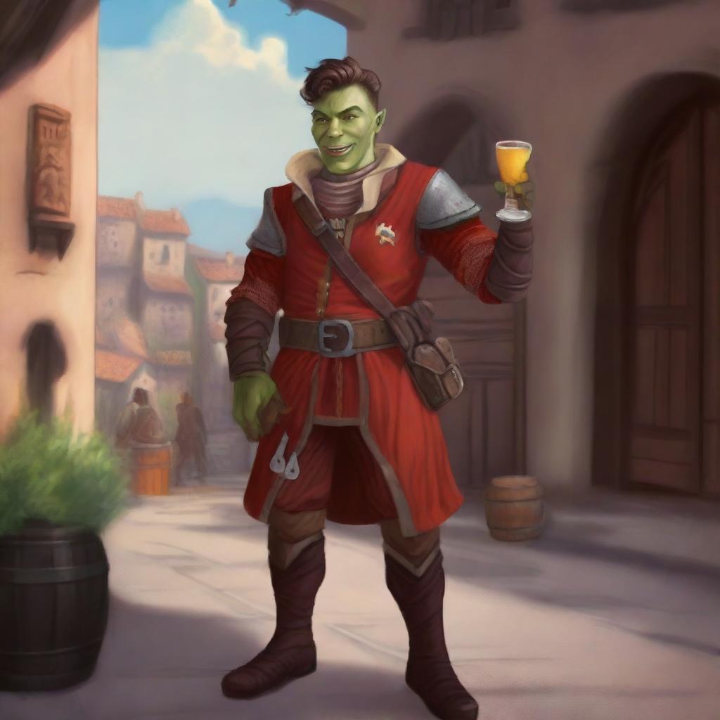 This high-quality digital art showcases a nonbinary half-orc explorer in a medieval city