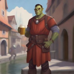 This high-quality digital art showcases a nonbinary half-orc explorer in a medieval city