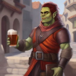 This high-quality digital art showcases a nonbinary half-orc explorer in a medieval city