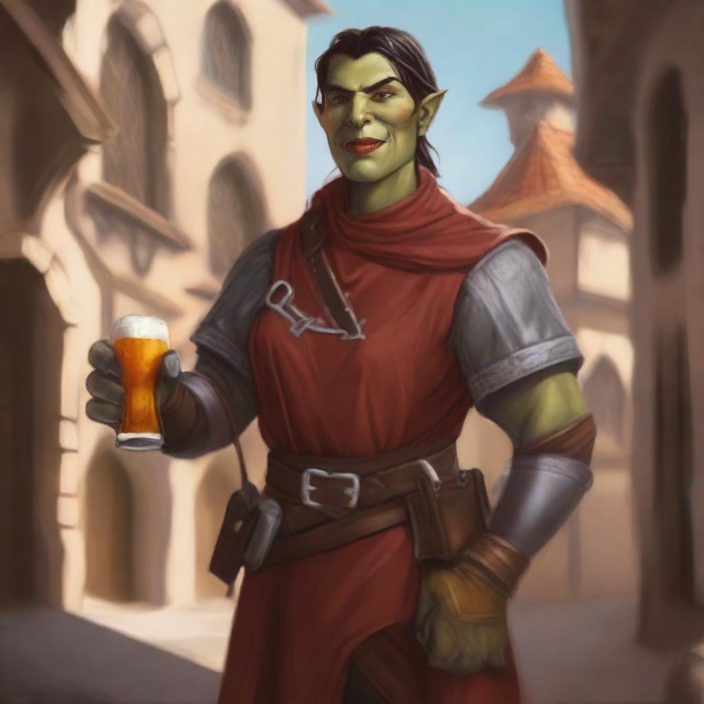 This high-quality digital art represents an androgynous half-orc explorer in a medieval city