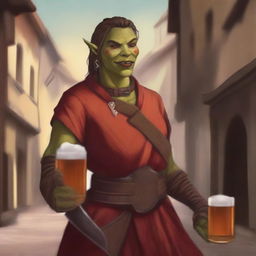 This high-quality digital art represents an androgynous half-orc explorer in a medieval city