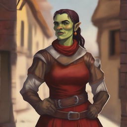 This high-quality digital art represents an androgynous half-orc explorer in a medieval city