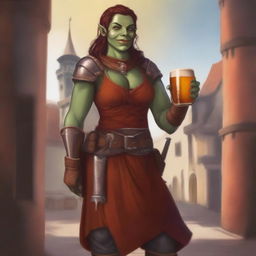 This high-quality digital art represents an androgynous half-orc explorer in a medieval city