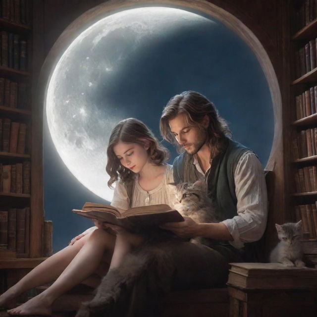 A magical fantasy library housing a short-haired man, a long-haired girl, and a playful kitten, all engrossed in reading a book lit by the soft gleam of the moon.