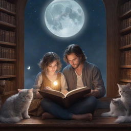 A magical fantasy library housing a short-haired man, a long-haired girl, and a playful kitten, all engrossed in reading a book lit by the soft gleam of the moon.