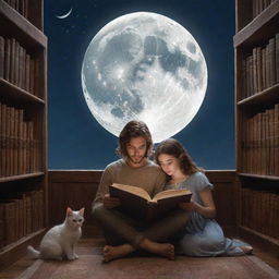 A magical fantasy library housing a short-haired man, a long-haired girl, and a playful kitten, all engrossed in reading a book lit by the soft gleam of the moon.