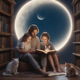 A magical fantasy library housing a short-haired man, a long-haired girl, and a playful kitten, all engrossed in reading a book lit by the soft gleam of the moon.