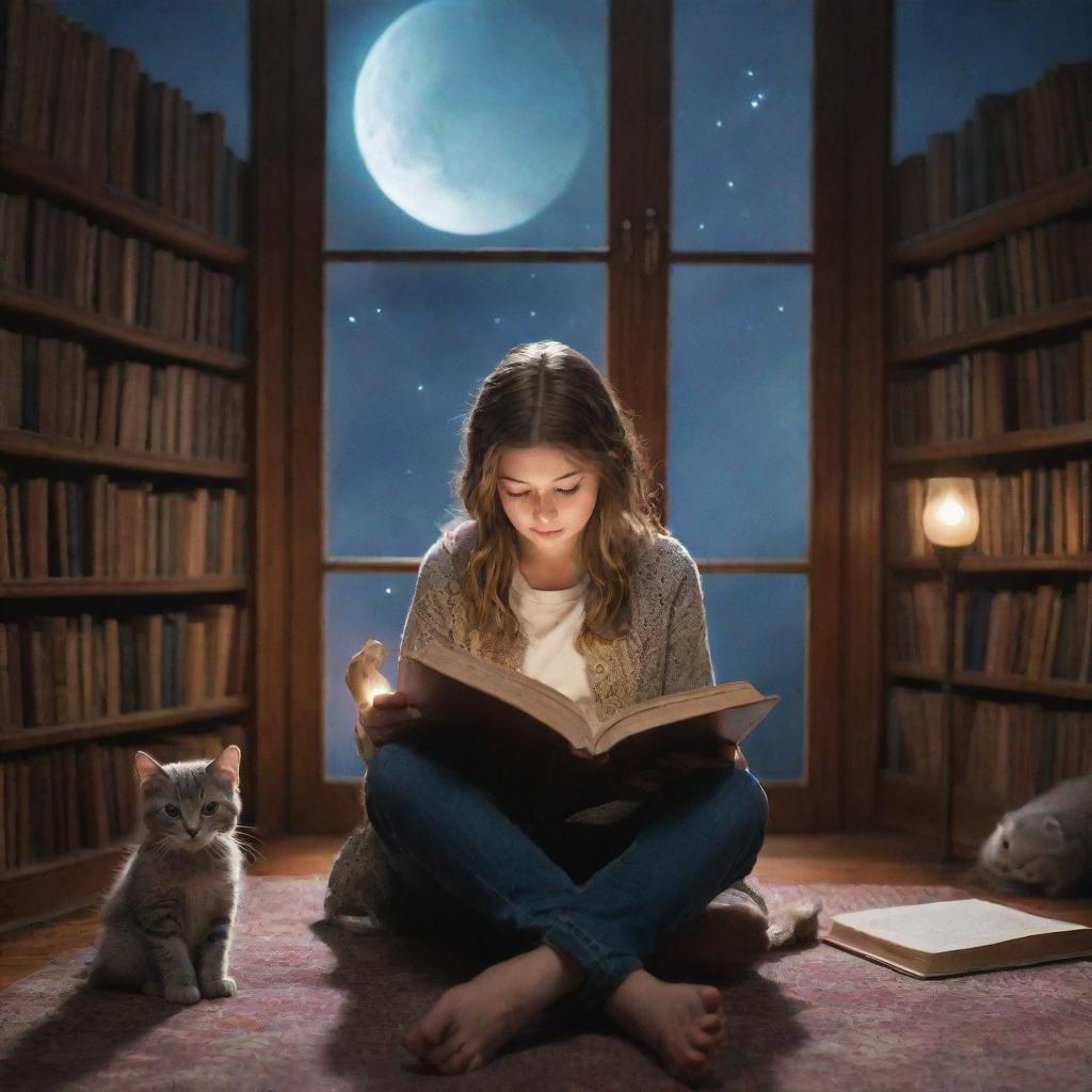 Envision a fantastical library filled with a short-haired man, a 20-year-old girl with long hair, and a curious kitten, all captivated in reading a book under the soothing glow of moonlight.