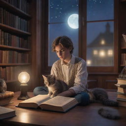 Envision a fantastical library filled with a short-haired man, a 20-year-old girl with long hair, and a curious kitten, all captivated in reading a book under the soothing glow of moonlight.