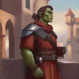 This digital art image captures an androgynous half-orc explorer in profile