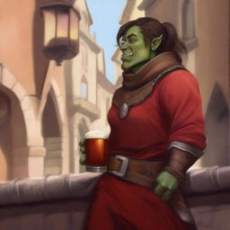 This digital art image captures an androgynous half-orc explorer in profile