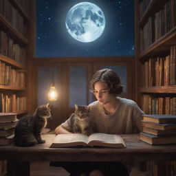 Envision a fantastical library filled with a short-haired man, a 20-year-old girl with long hair, and a curious kitten, all captivated in reading a book under the soothing glow of moonlight.