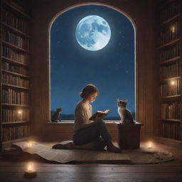 Envision a fantastical library filled with a short-haired man, a 20-year-old girl with long hair, and a curious kitten, all captivated in reading a book under the soothing glow of moonlight.